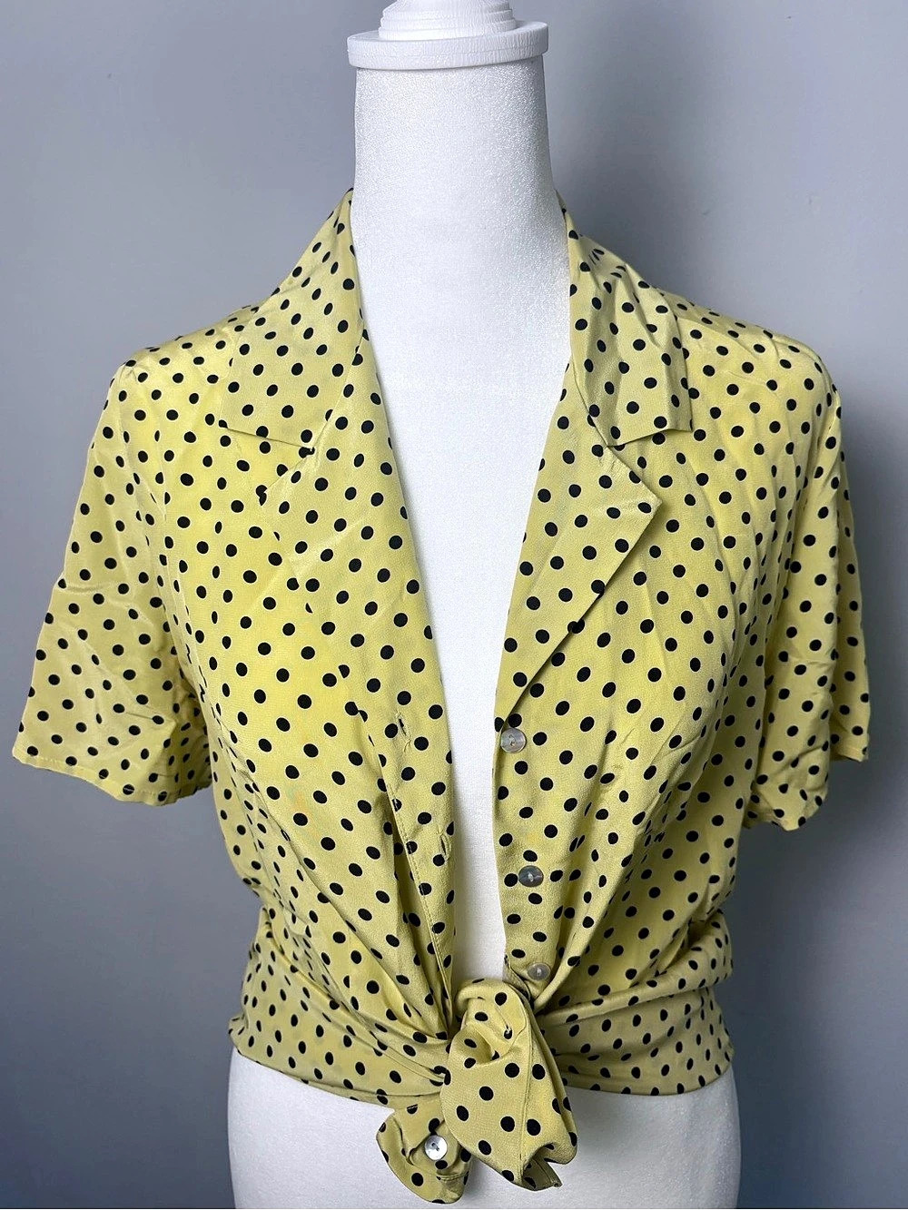 90s 100% Silk Polka Dot Camp Collar Blouse - 10
